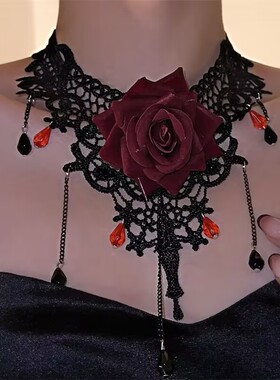 暗黑洛丽塔蕾丝玫瑰流苏锁骨链