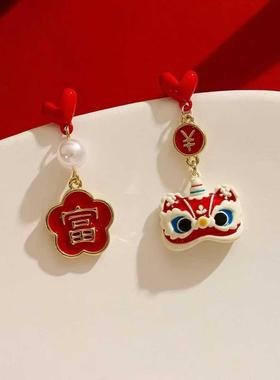 新年bi备喜庆红色财富耳环女2025国风过年高级感小众独特设计耳饰