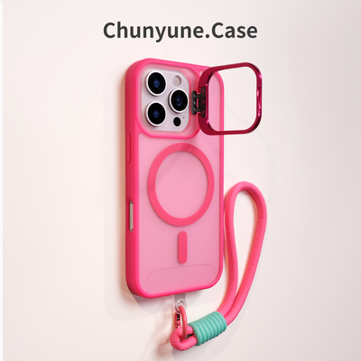 磨砂质感玫红适用苹果16promax手机壳2025新款iphone15pro镜头支架14磁吸充电13防摔12外壳11带挂绳Plus女款