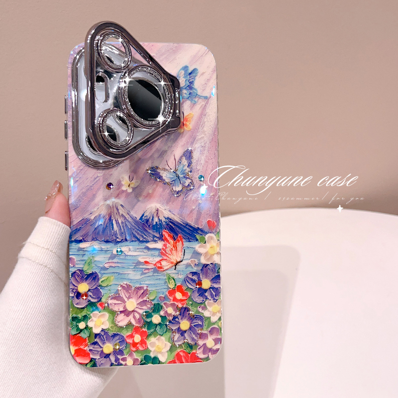 梦幻油画花朵蝴蝶全包带支架外壳
