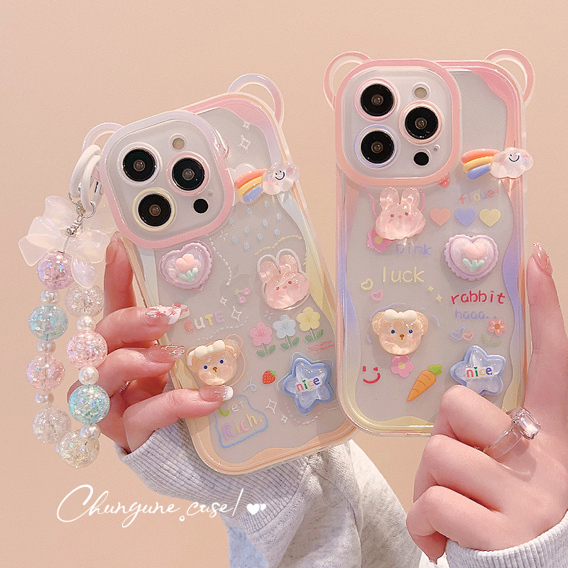 腕带挂绳立体熊兔子适用苹果15pro手机壳新款2025女款iPhone13硅胶全包防摔14promax高级感12pm可爱卡通小众