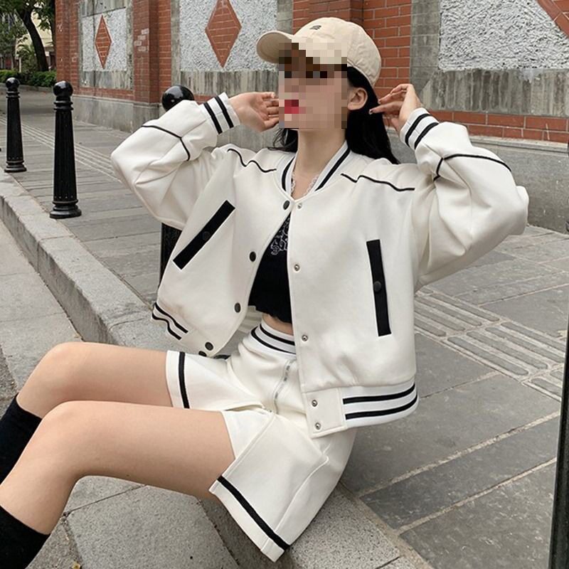 韩系chic短款外套+高腰半身裙春秋款两件套美式复古棒球服套装女