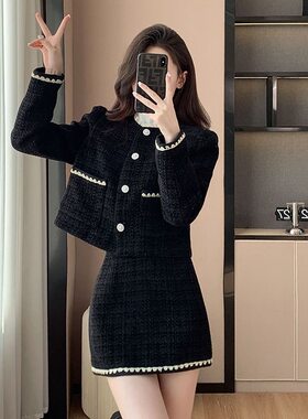 赫本风炸街跨境套装女2024秋冬季新款复古小香风外套短裙两件套