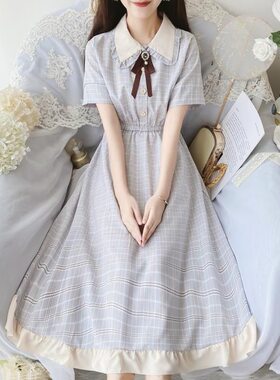 落跑公主/小清新学院风娃娃领蝴蝶结格子拼接收腰少女雪纺连衣裙