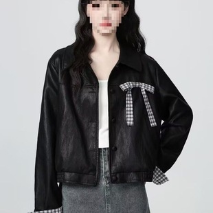 上衣 短款 复古黑色PU皮衣外套女秋2025春秋新款 蝴蝶结翻领夹克开衫