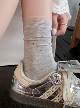 灰色波点袜子女夏季薄款花边蕾丝中筒袜miu系芭蕾风白色堆堆长袜