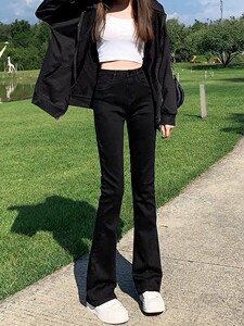 黑色加绒微喇牛仔裤女2023秋冬季新款高腰显瘦喇叭裤小个子马蹄裤