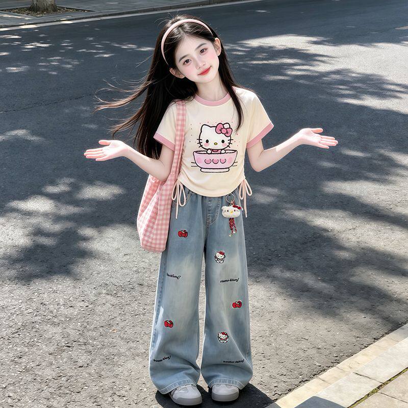 卡通休闲风女童夏季两件套短袖T恤阔腿裤套装薄款儿童穿搭牛仔裤