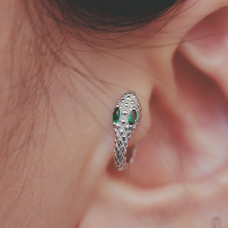 thumbnail for Green Ghost Snake Earrings 925 Silver Mori Colored Diamonds Sweet Cool Ear Bone Rings Love Emerald Green Butterfly Ear Bone Stud Tide