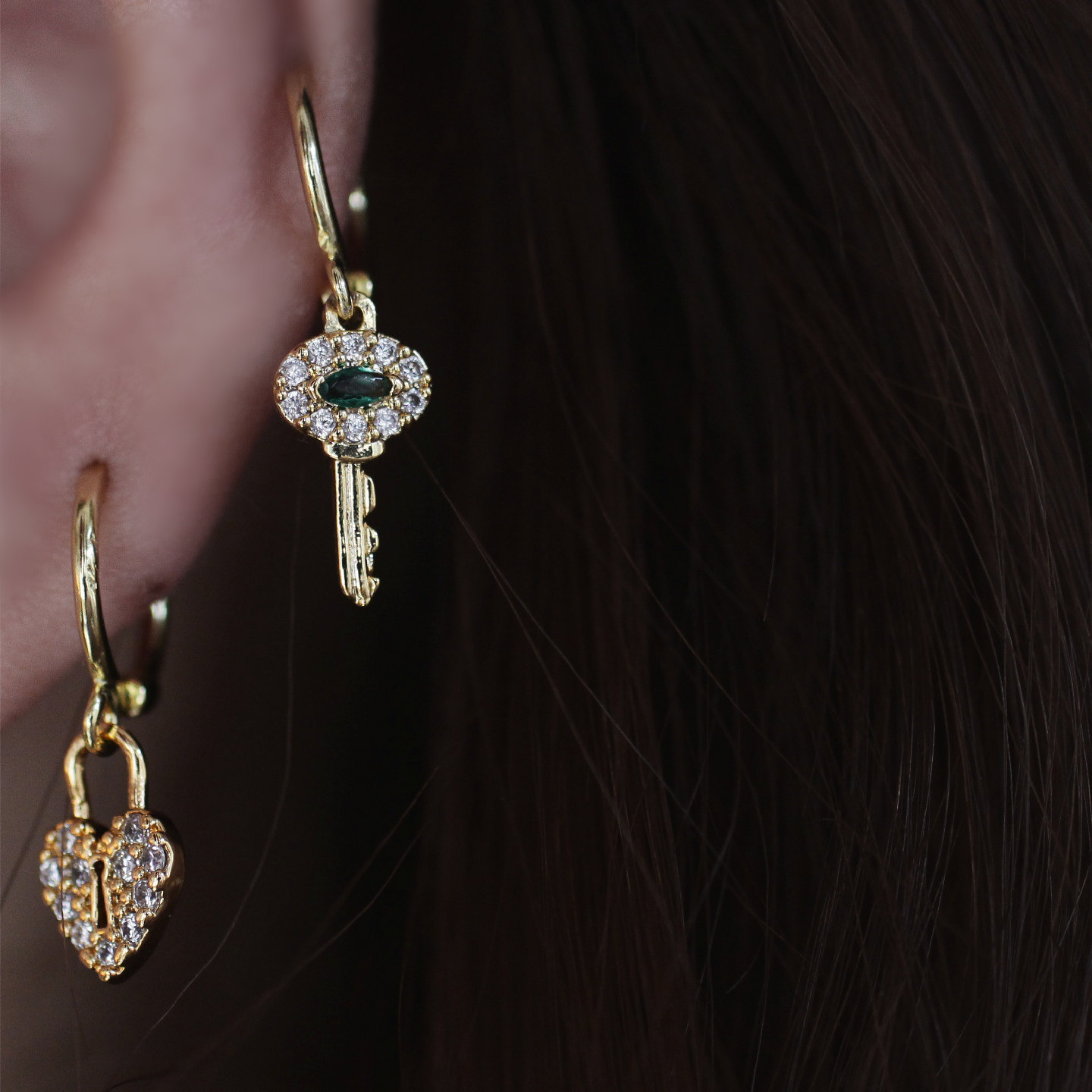 爱心钥匙锁头耳环原创边缘耳皮圈情侣穿刺耳骨环小众VINTAGE饰品