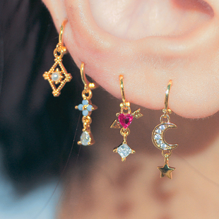 法式公主风迷你耳扣耳皮环桃心星月小花handmade手工925银针耳环