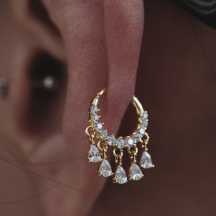 水滴流苏耳骨环1.2mm粗杆925纯银灵动流苏耳扣贵气耳扣环鼻环金色