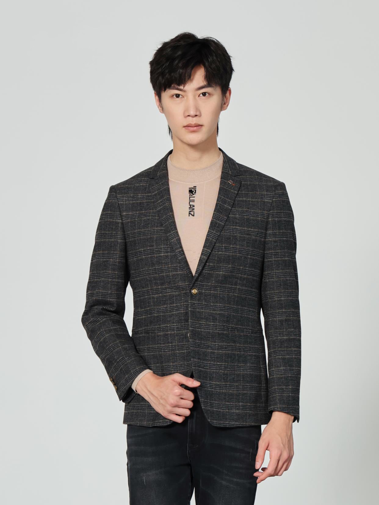 利家春秋新款男士复古格纹单西服休闲西装外套21QDX011SA