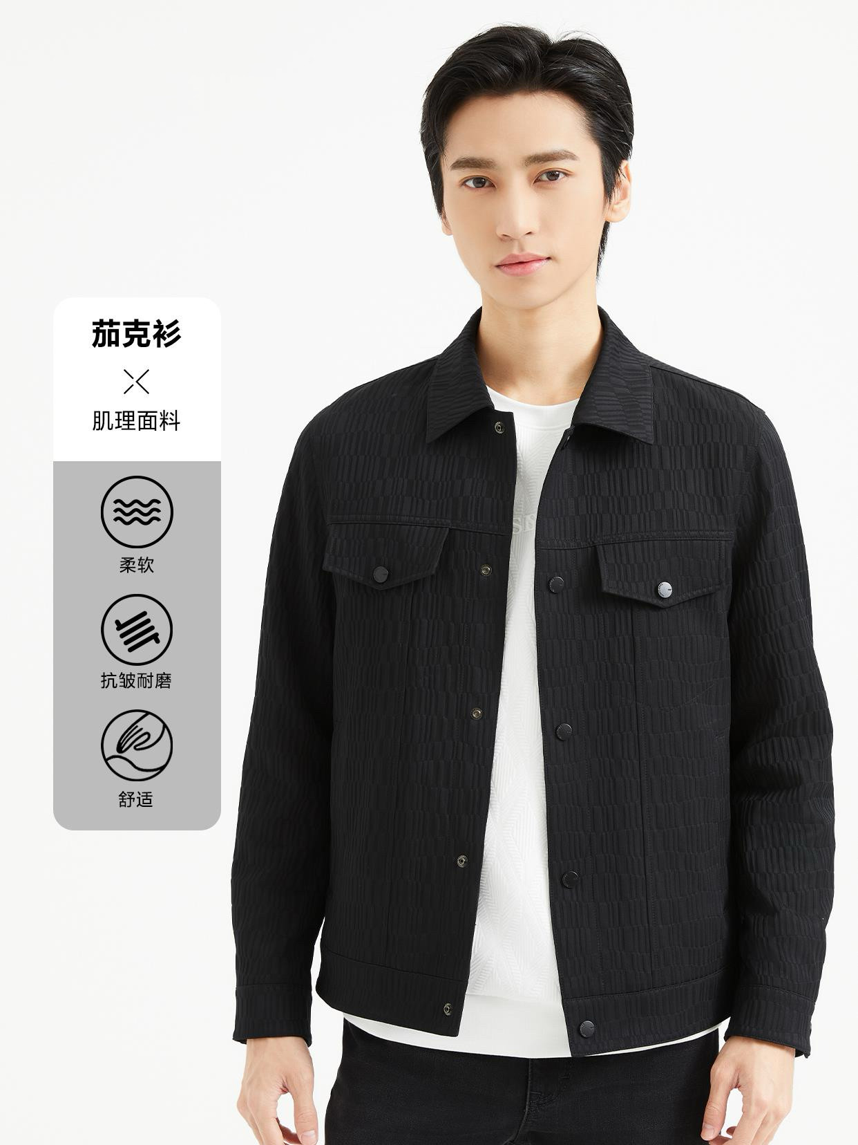 185号利家春秋新款男士商务休闲时尚肌理纹翻领夹克外套A4QJK9021