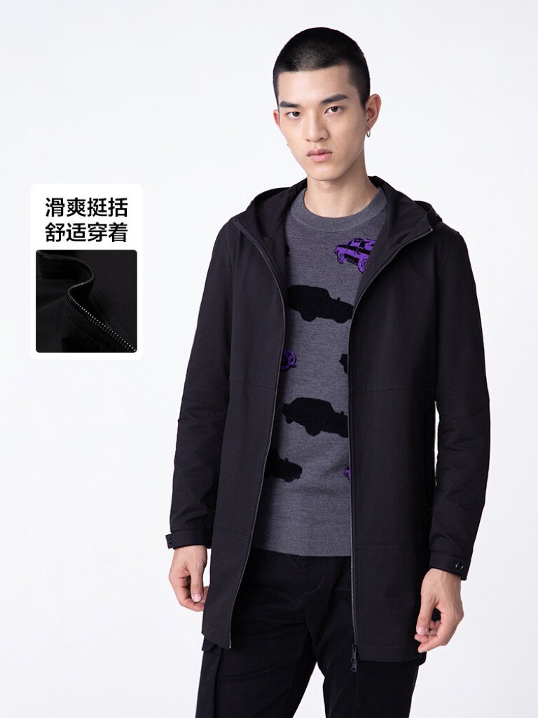 利家春秋男士休闲时尚中长款黑色连帽风衣流行薄外套Q0QFY1011图片