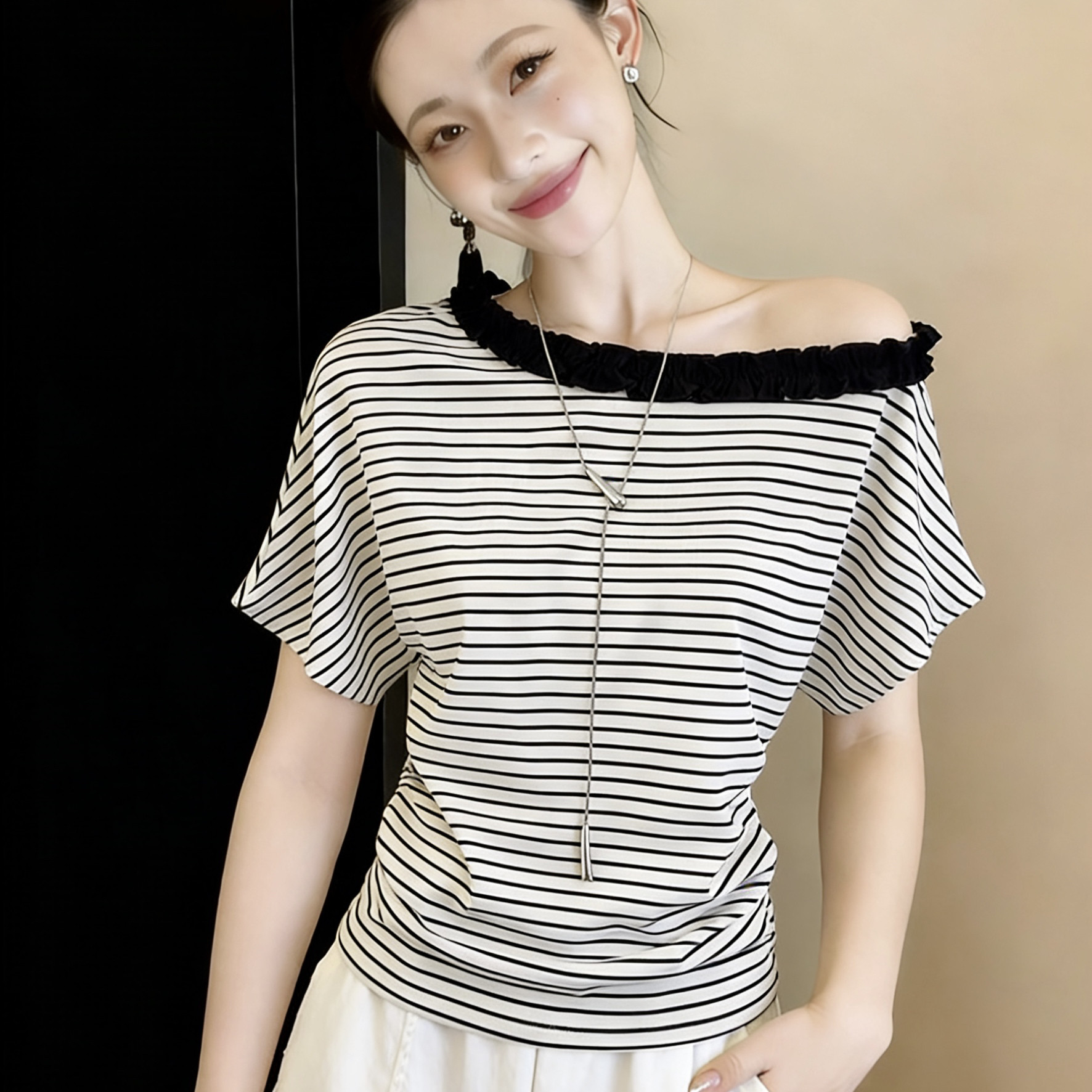 美式辣妹经典条纹一式多穿短袖T恤夏季撞色修身显瘦百搭露肩上衣