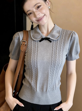 灰色娃娃领蝴蝶结针织短袖T恤法式掐腰别致小上衣女夏季2026新款