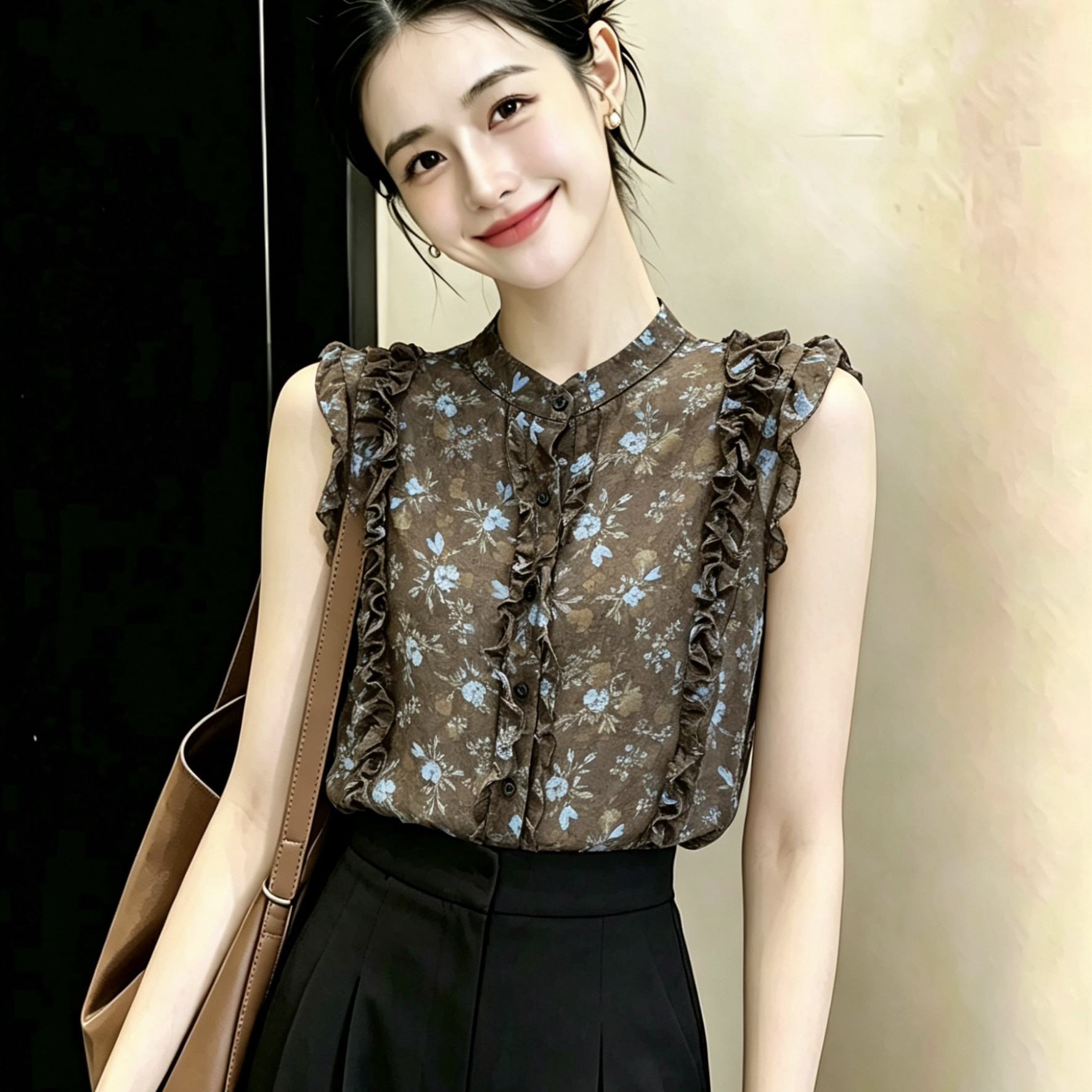 港风气质碎花无袖印花衬衫女夏款设计感显瘦百搭减龄雪纺衫