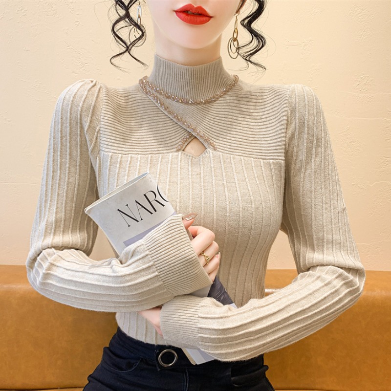 实拍 2025秋冬重新工钉钻高级感立领镂空针织打底衫女毛衣