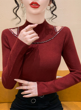 实拍 秋冬新款法式新年红色露肩订钻针织衫小众显瘦打底衫毛衣