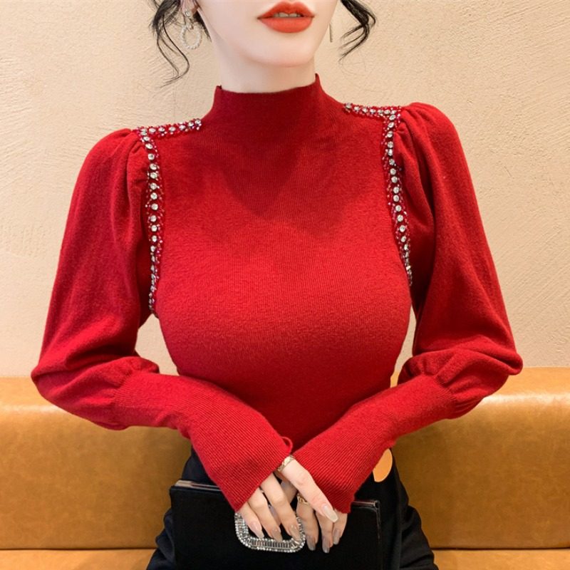 实拍 实拍法式复古半高领钉钻打底针织衫女内搭套新款灯笼袖毛衣,女装/女士精品,毛针织衫,淘宝优惠券,粉丝福利购,淘宝优惠卷