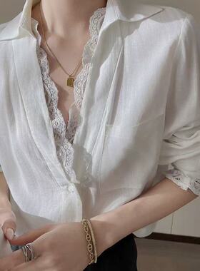 白色V领蕾丝拼接长袖衬衫女秋季2026新款减龄时尚高级上衣