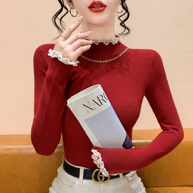 实拍 重工钉钻打底衫女秋冬高级感新款爆款修身气质蕾丝拼接上衣