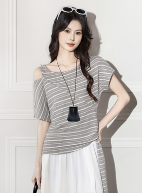 实拍2026新款韩版宽松露肩显瘦条纹百搭圆领长袖T恤女休闲T
