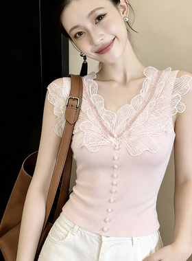 重工镶钻设计感蕾丝羽毛拼接背心上衣女修身高级感无袖针织衫