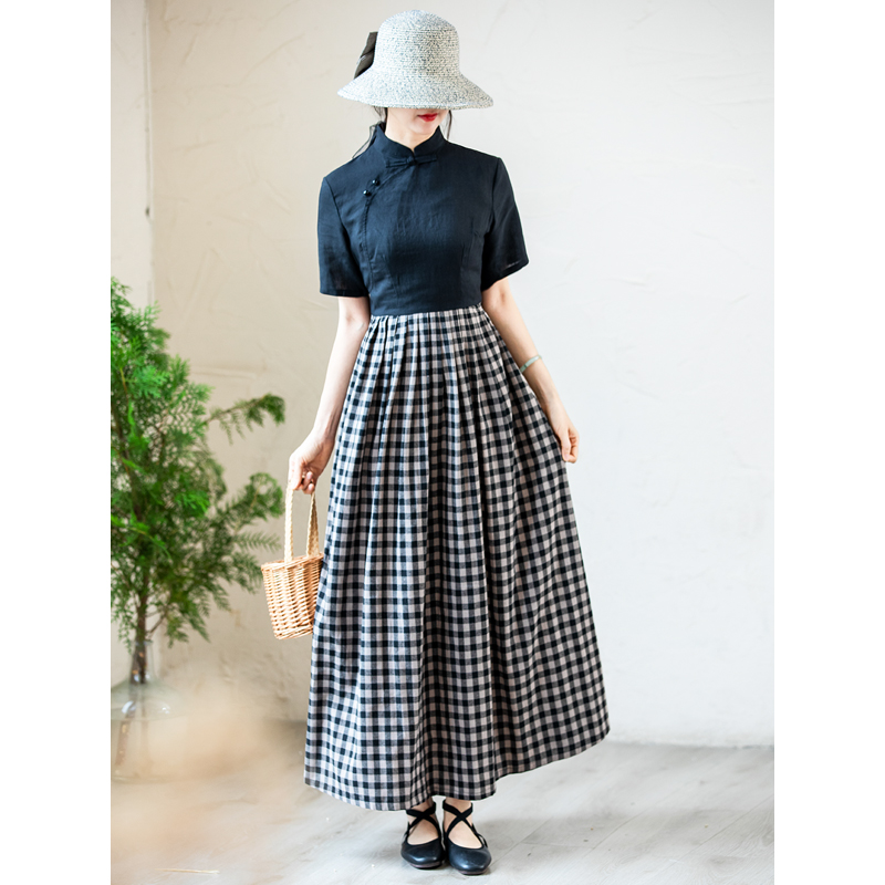 长裙修身黑色拼接蝴蝶结格子原创