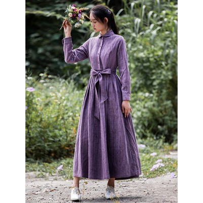 文艺通勤大摆裙亚麻紫色