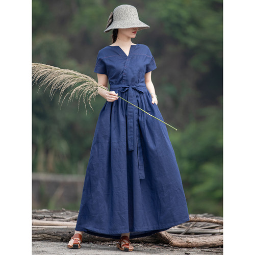 藏蓝色苎麻长裙仙衣裾连衣裙