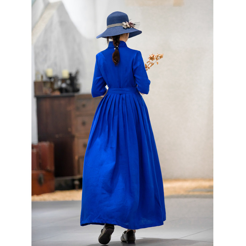 仙衣裾原创新款女装宝石蓝连衣裙亚麻修身大摆裙文艺气质绑带长裙