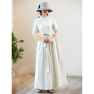 仙衣裾设计师杏色改良旗袍连衣裙夏季新款文艺中国风女装长裙子棉