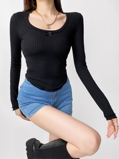 2024年欧美纯欲辣妹风春季新款短款修身显瘦蝴蝶结设计小众打底衫