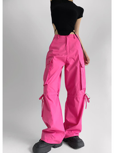 美式复古抽绳束脚口袋直筒裤女辣妹夏季新款高腰宽松绑带工装长裤