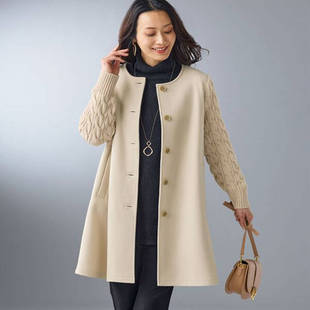 2025年秋季 女士混纺针织仿羊毛中长圆领毛呢大衣 有大码 日本代购