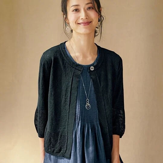 2023年秋款日本代购女装100%麻镂空编织凉爽针织衫 有大码