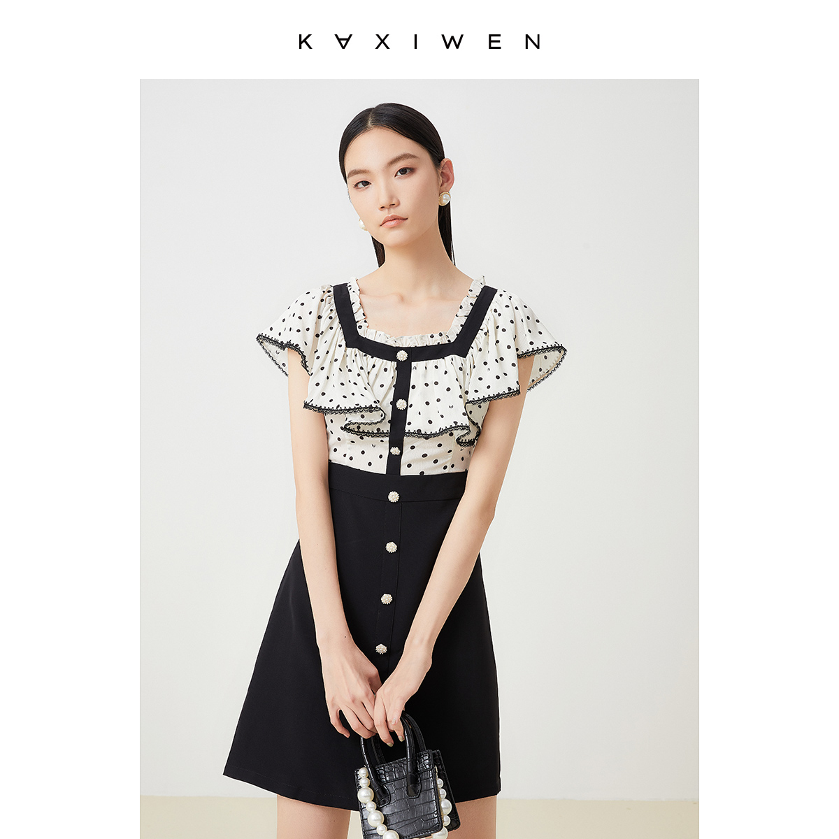 佧茜文女士连衣裙夏装新款时髦减龄拼接裙子假两件长裙波点裙