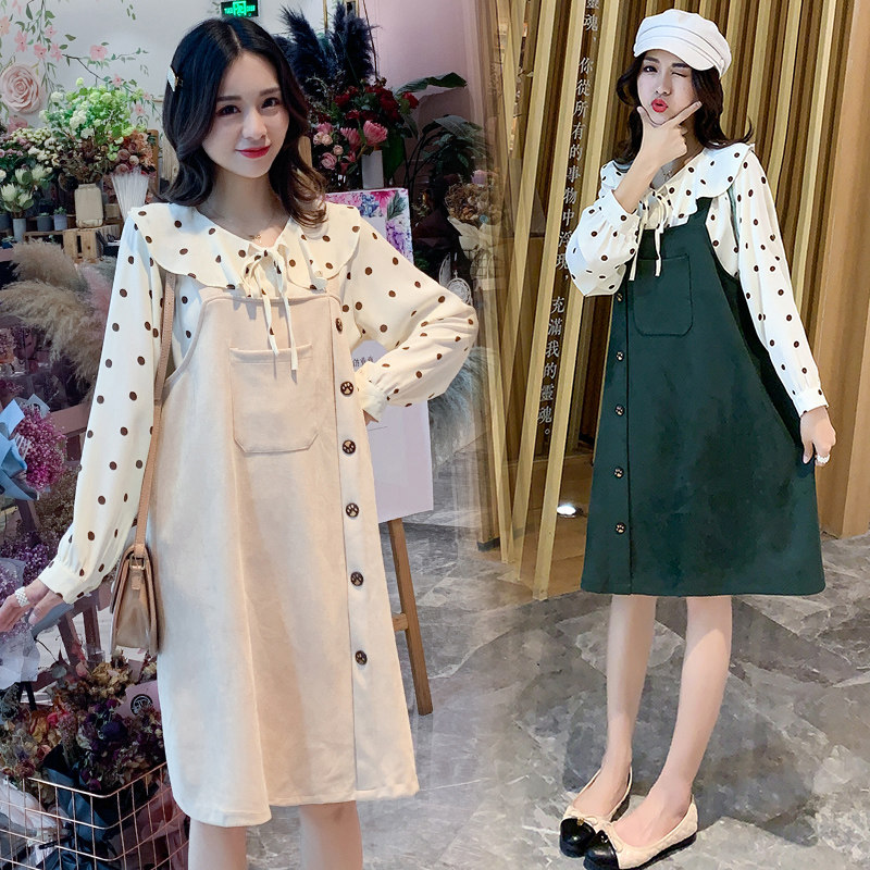 孕妇秋装套装时尚款2020新款潮妈宽松孕妇连衣裙秋两件套背带裙子