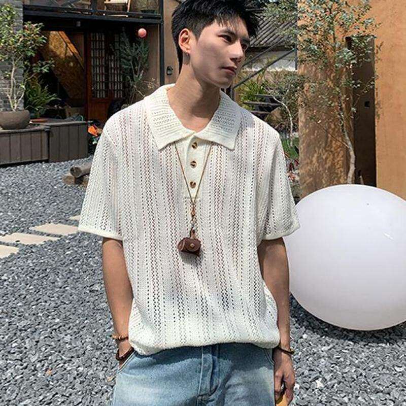 时尚男士韩版夏季短袖翻领镂空针织衫,宽松薄款纯色舒适休闲毛衣