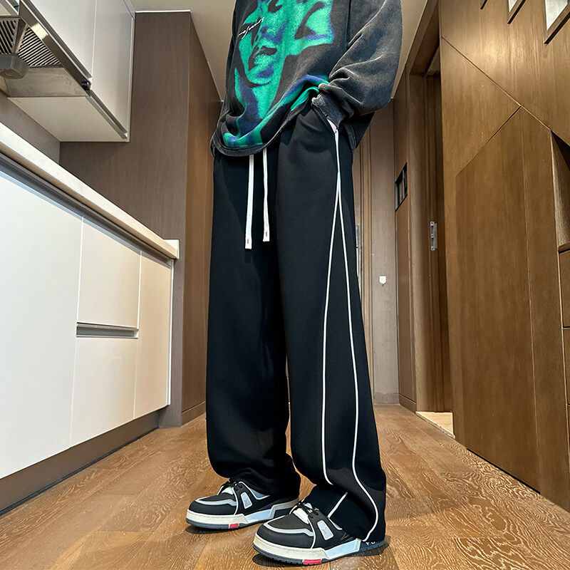 秋季男式港风宽松直筒纯色侧边条纹织带休闲裤韩版时尚潮流运动裤