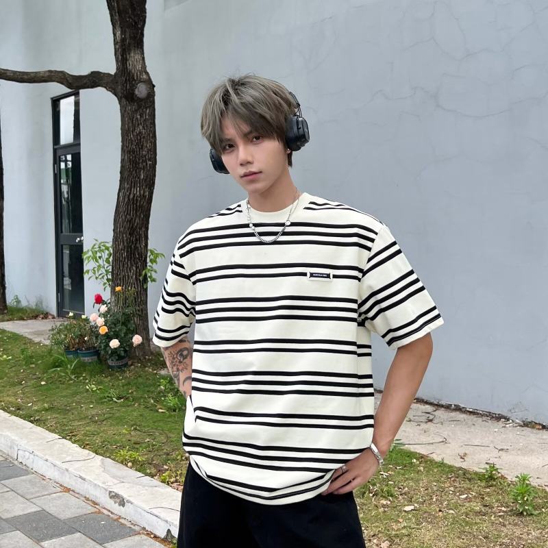 情侣宽松重磅美式休闲夏季复古条纹T恤韩版潮流圆领短袖百搭衫