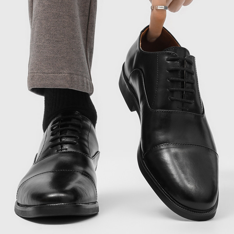 棕色亮面皮鞋男款厚底增高商务正装舒适通勤三接头结婚伴郎牛津鞋