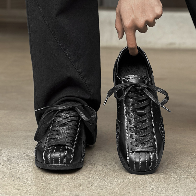 复古圆头德训鞋男款2026新款阿甘平底内增高通勤百搭时尚休闲皮鞋