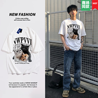 夏季韩版潮流创意猫咪印花短袖T恤 男日系小清新宽松港风体恤学生