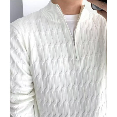 男装半高领拉链针织衫麻花纹慵懒风毛线衣外套男毛衣男针织开衫