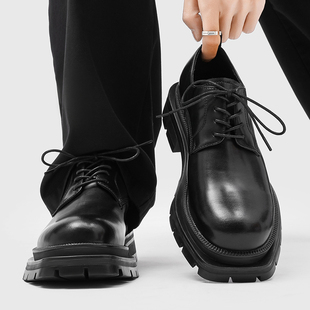 cleanfit方头德比鞋男款真皮厚底增高大头鞋黑色哑光通勤休闲皮鞋