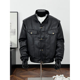 男士立领皮面工装棉服外套潮美式宽松情侣加厚保暖无帽按扣黑色