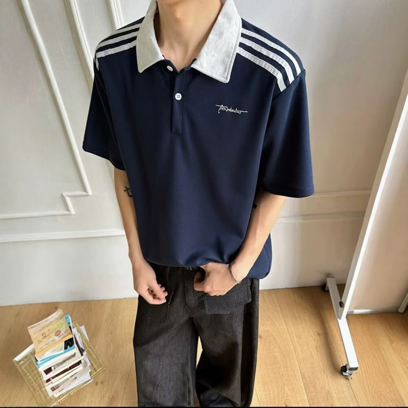 男士潮流翻领条纹拼接T恤宽松短袖百搭简约时尚休闲青年运动T恤衫